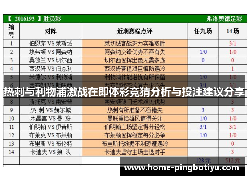 热刺与利物浦激战在即体彩竞猜分析与投注建议分享
